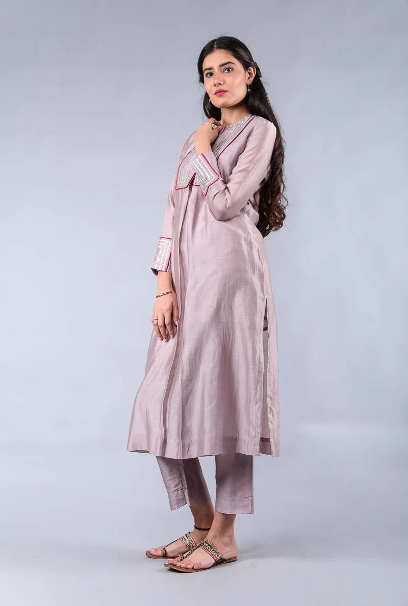 Chanderi Handloom Kurta and Pant in Mauve, Maroon Cotton Dupatta, with Gota work (set of 3)