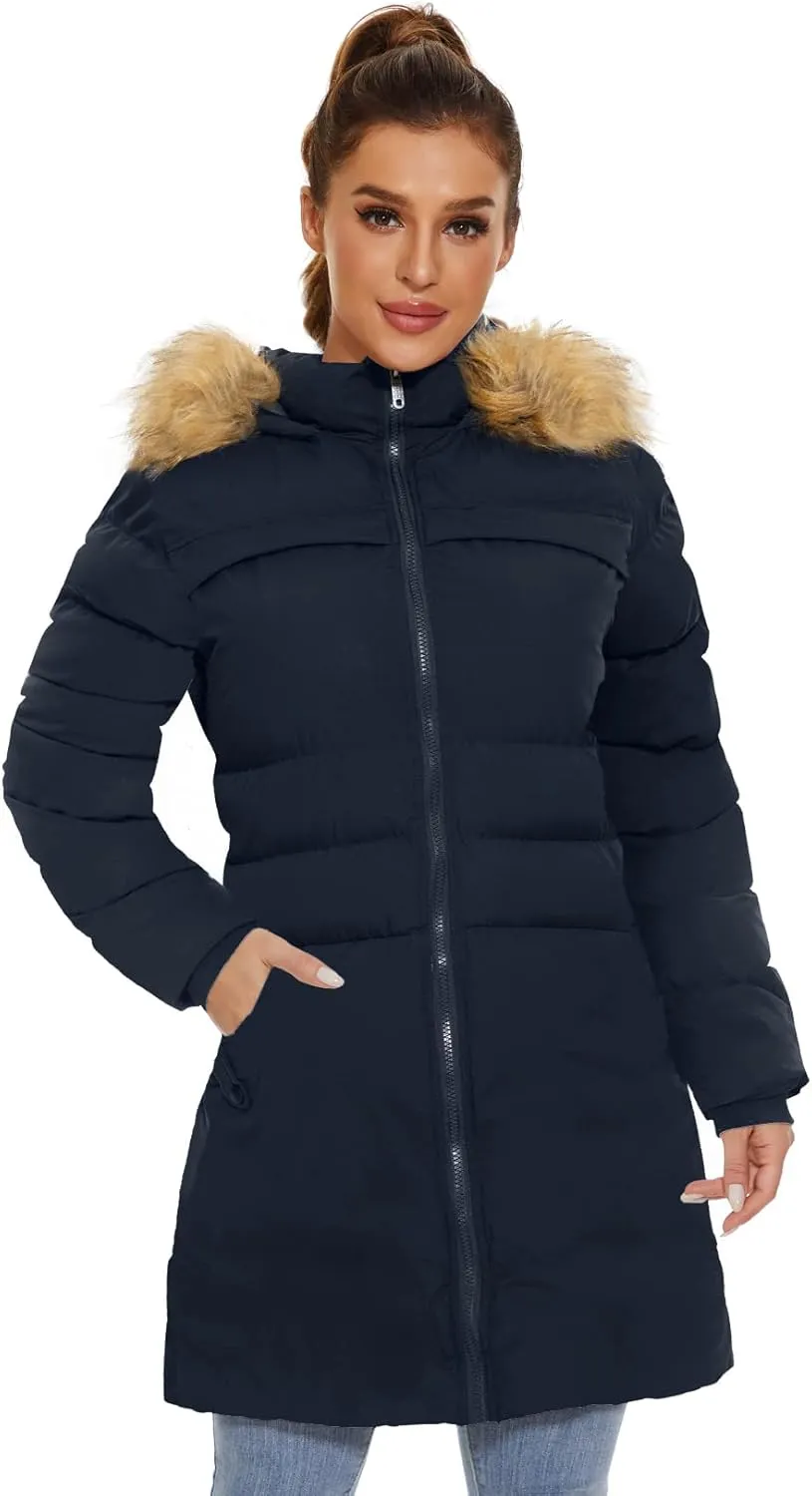 CHERFLY Women's Winter Puffer Coat Heavy Warm Long Parka Down Jacket with Fur Hood