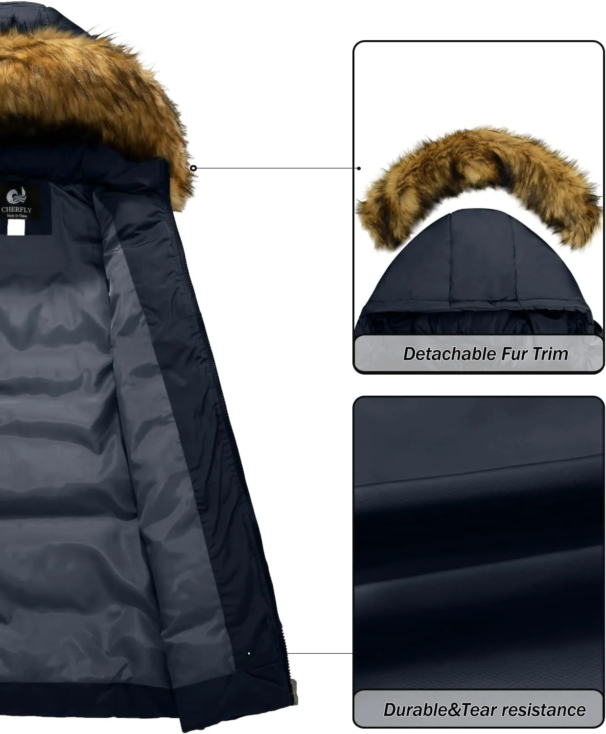 CHERFLY Women's Winter Puffer Coat Heavy Warm Long Parka Down Jacket with Fur Hood