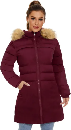 CHERFLY Women's Winter Puffer Coat Heavy Warm Long Parka Down Jacket with Fur Hood