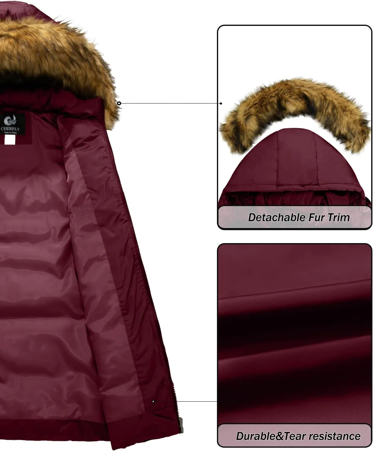 CHERFLY Women's Winter Puffer Coat Heavy Warm Long Parka Down Jacket with Fur Hood