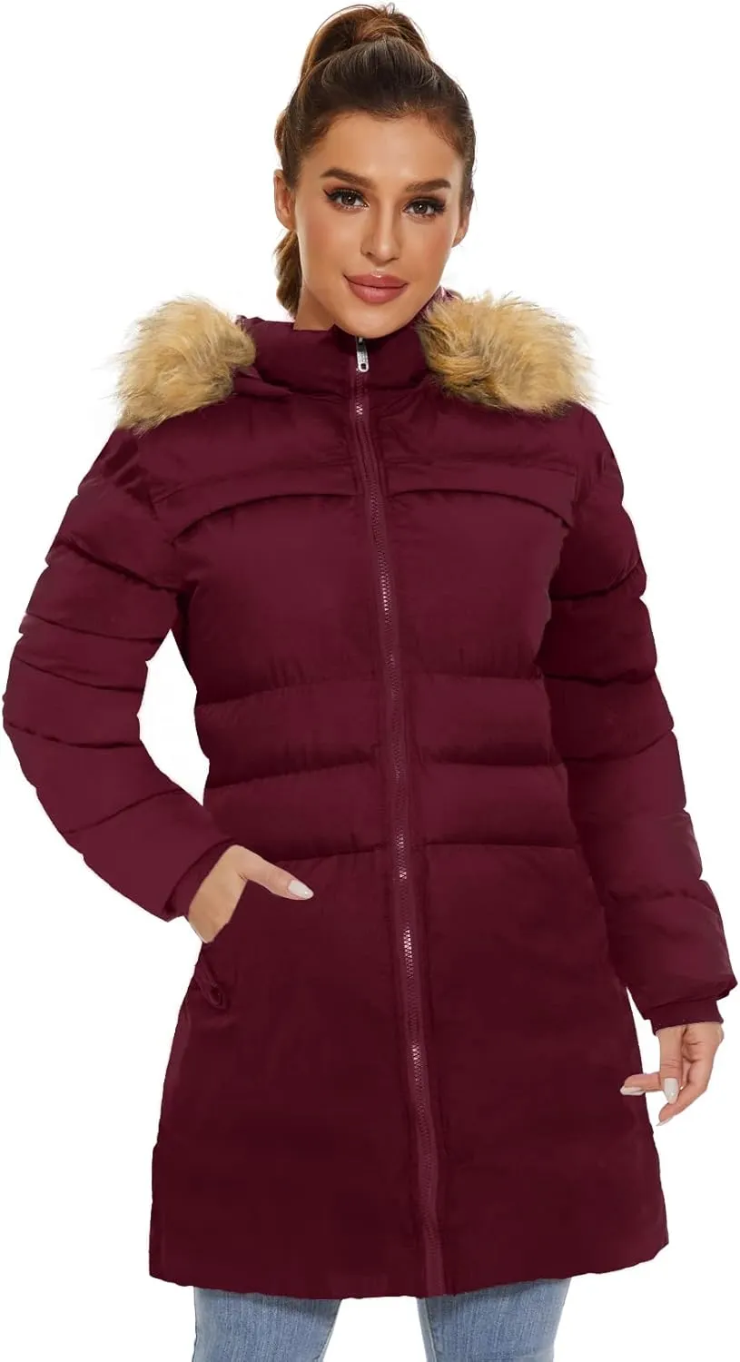 CHERFLY Women's Winter Puffer Coat Heavy Warm Long Parka Down Jacket with Fur Hood