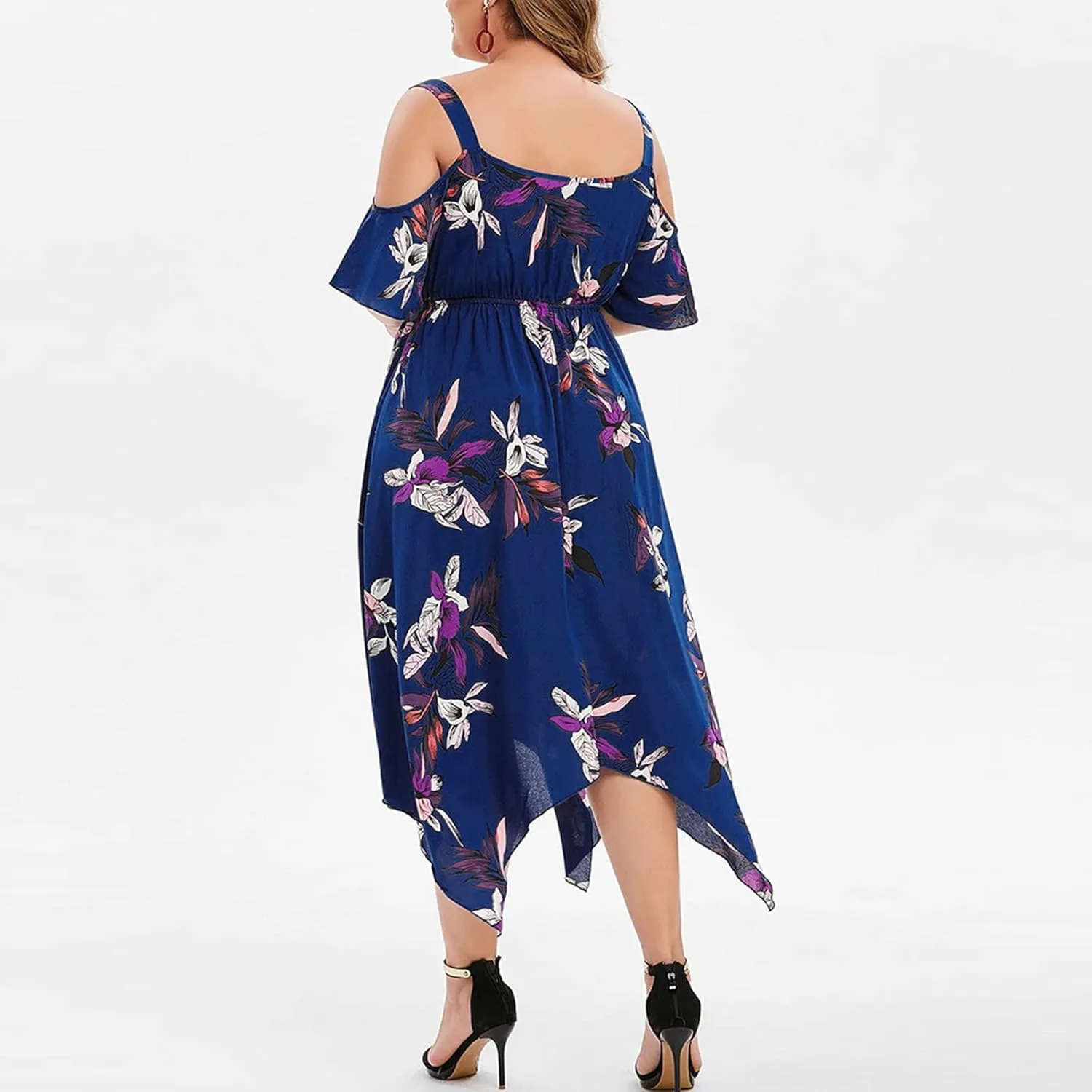 Chiffon for Women Spaghetti Strap Short Sleeve Cold Shoulder Floral Midi Beach Hawaiian Dresses Women 2024