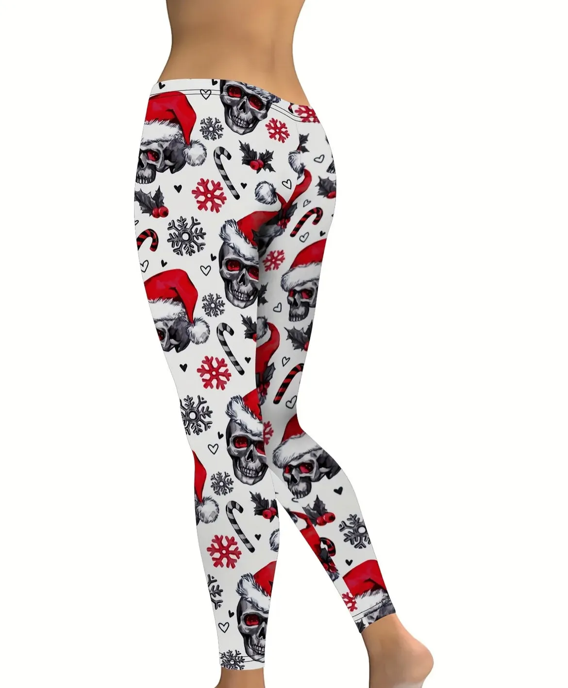 Christmas Skull Print Yoga Tights, Pants, Leggings - White