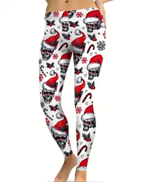 Christmas Skull Print Yoga Tights, Pants, Leggings - White