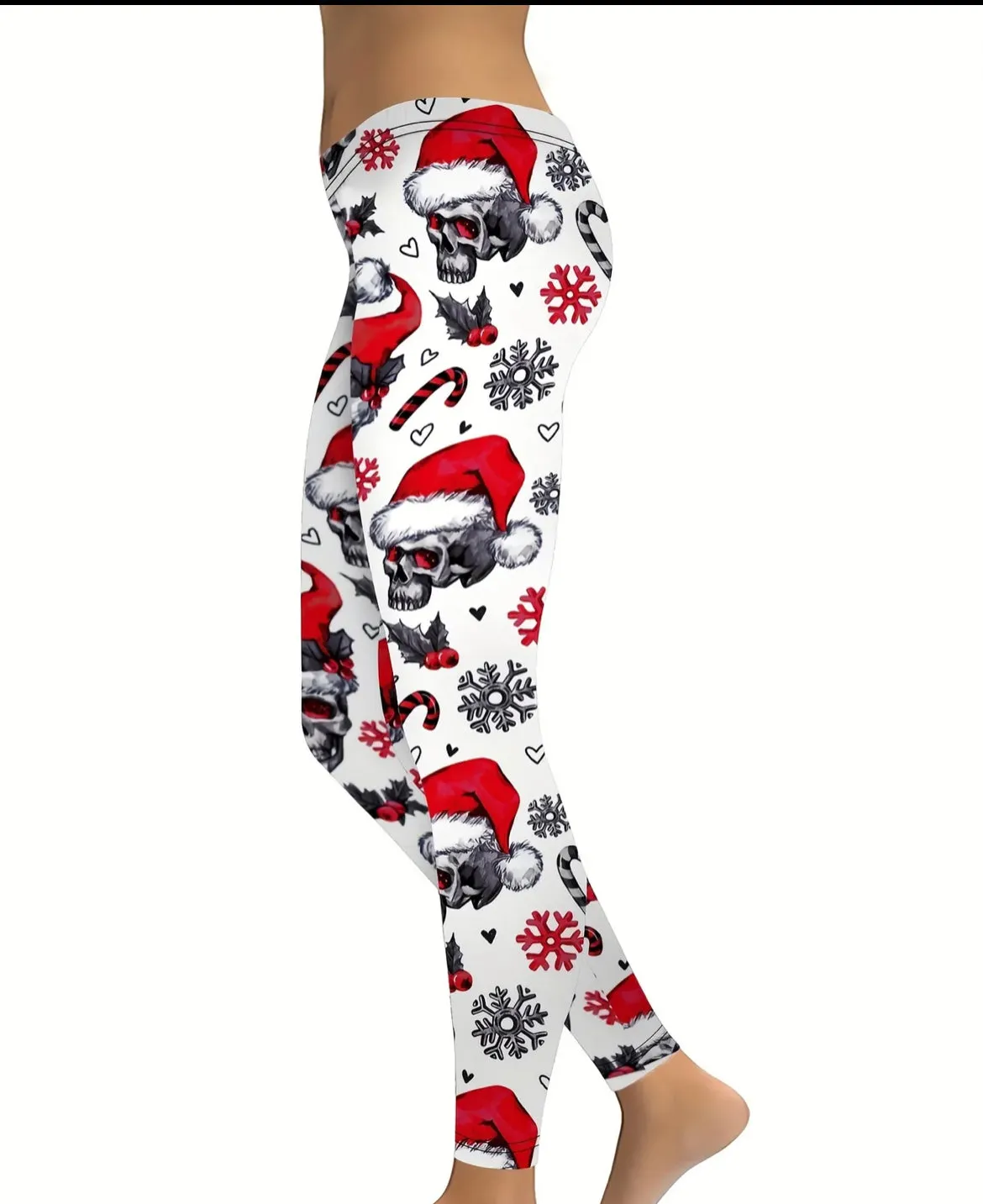 Christmas Skull Print Yoga Tights, Pants, Leggings - White