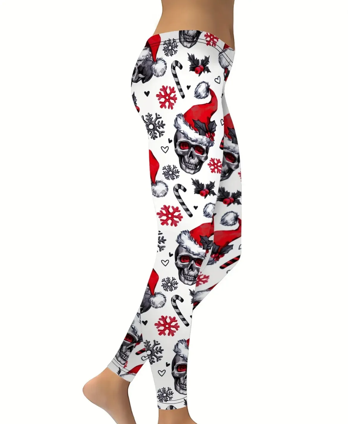 Christmas Skull Print Yoga Tights, Pants, Leggings - White
