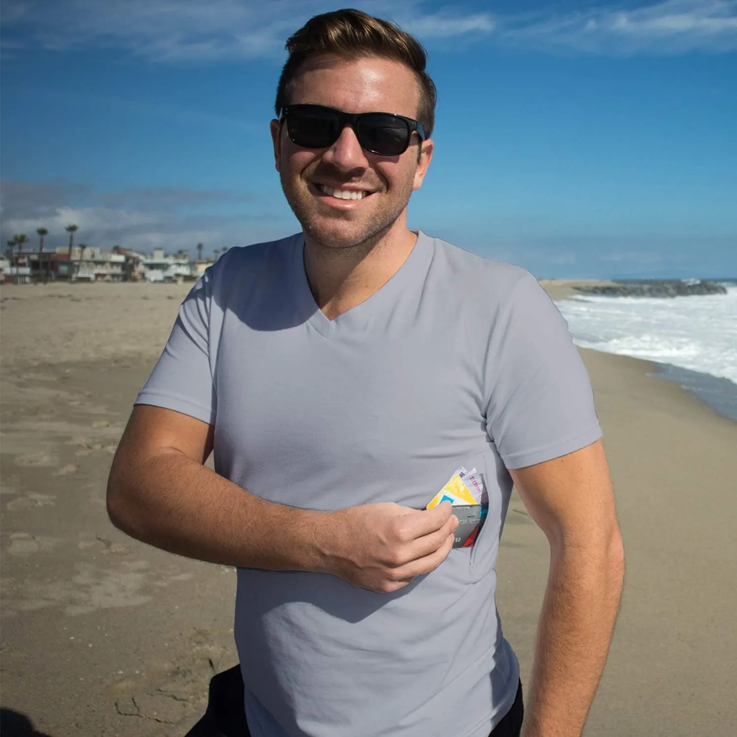 Clever Travel Companion V-Necked Men's Tee Shirt - Pickpocket Proof Sublimation Tees with 2 Secret Hidden Pocket
