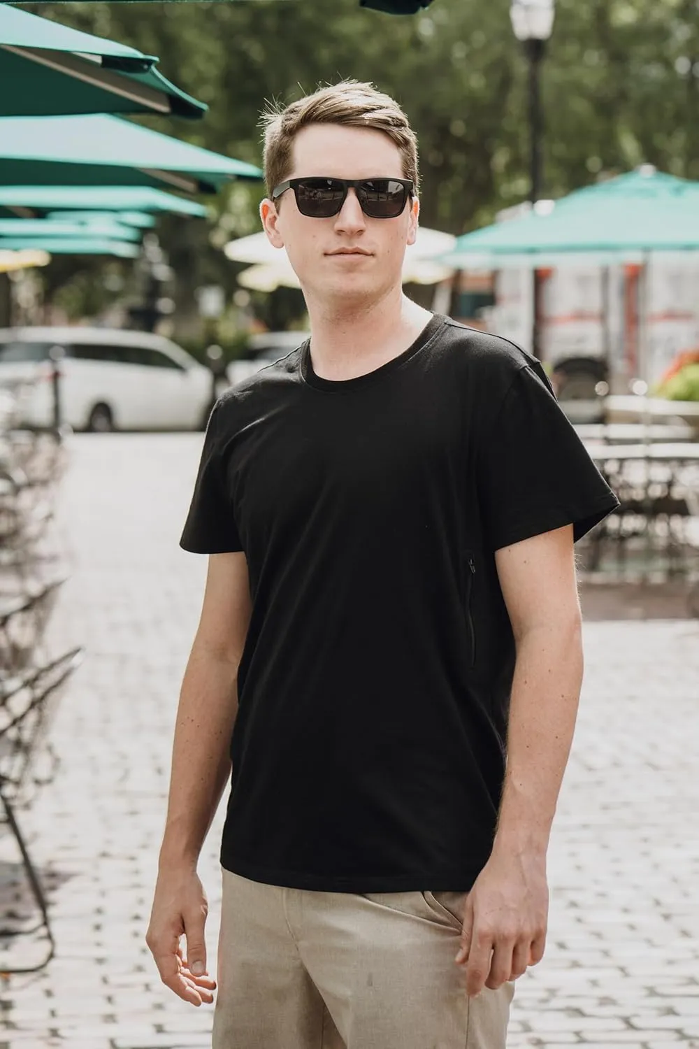 Clever Travel Companion V-Necked Men's Tee Shirt - Pickpocket Proof Sublimation Tees with 2 Secret Hidden Pocket