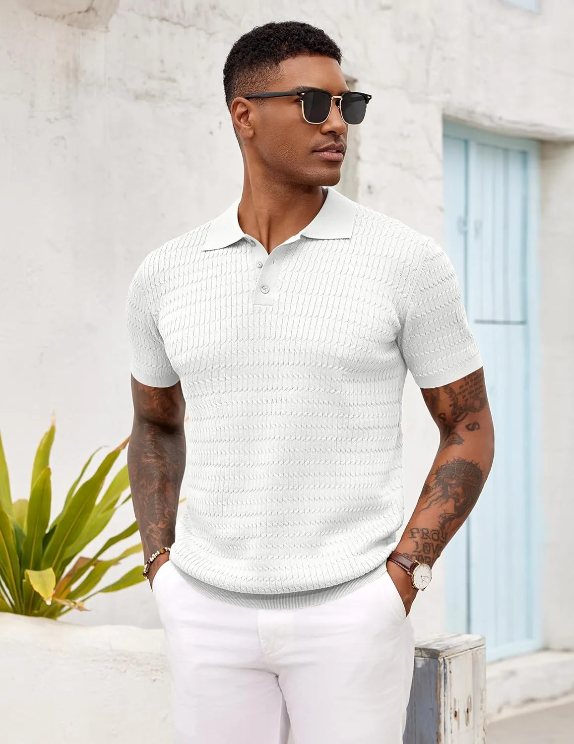 COOFANDY Mens Knit Polo Shirt Short Sleeve Vintage Textured Casual Golf Shirts Summer Beach Top
