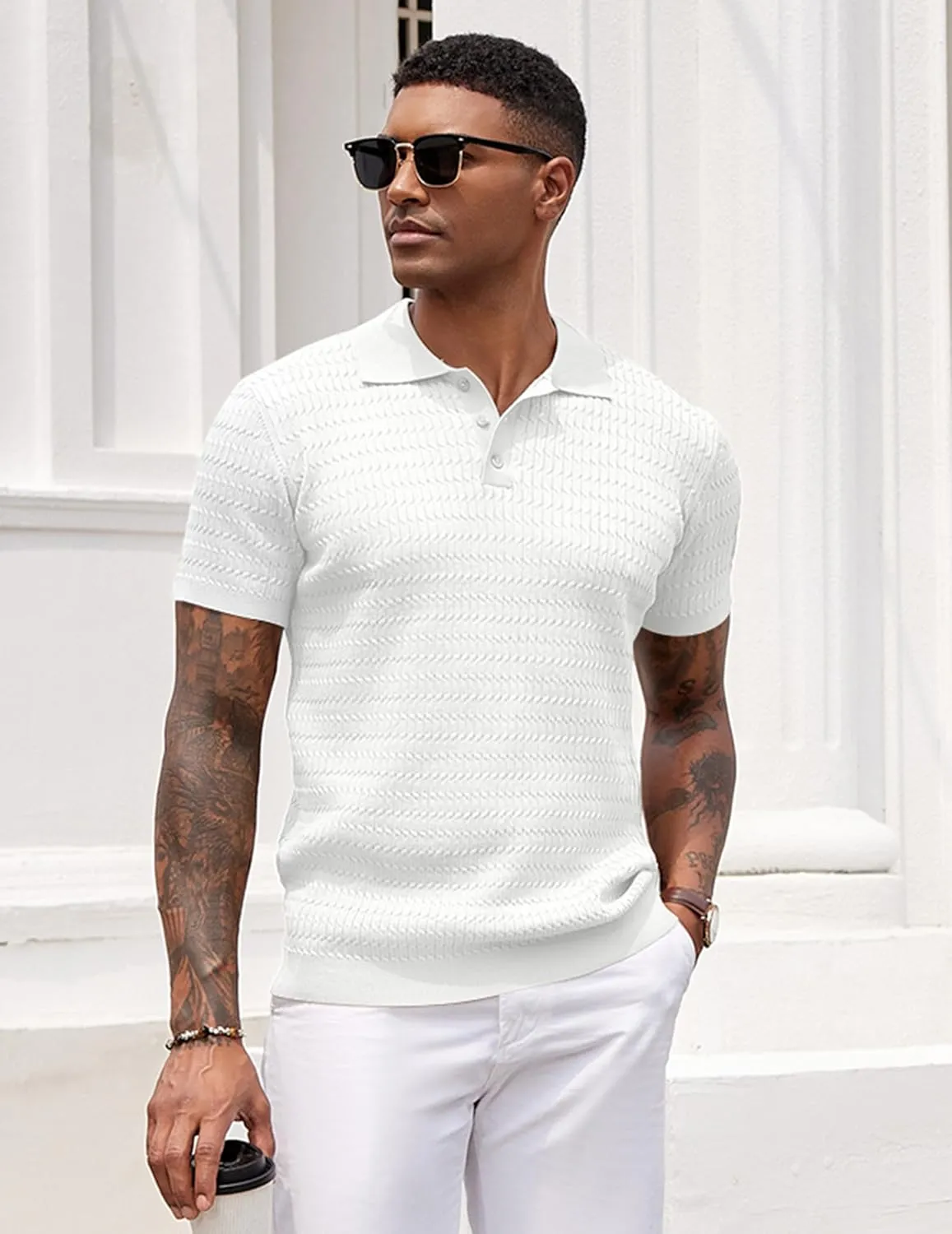 COOFANDY Mens Knit Polo Shirt Short Sleeve Vintage Textured Casual Golf Shirts Summer Beach Top