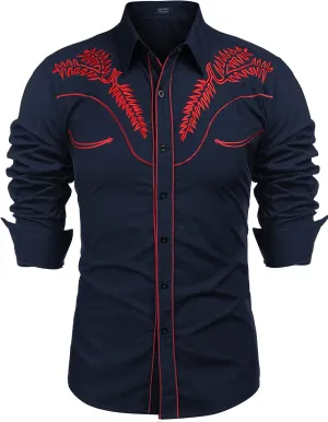 COOFANDY Men's Western Shirts Long Sleeve Slim Fit Embroideres Cowboy Shirts Casual Button Down Shirt