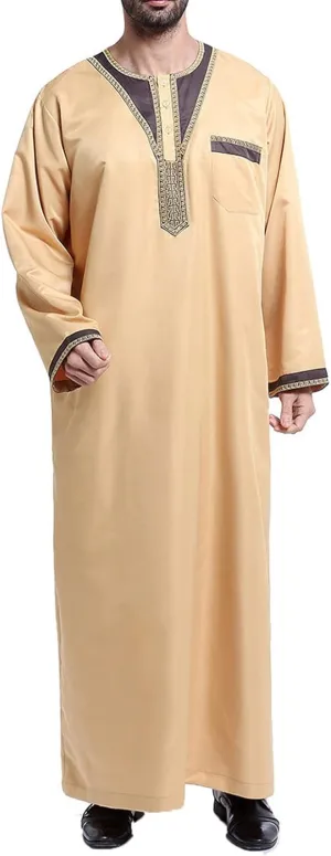 Cotton Long Sleeve Muslim Robes for Men 2023 Fashion Embroidered Standing Neck Pocket Long Thobe Casual Gown