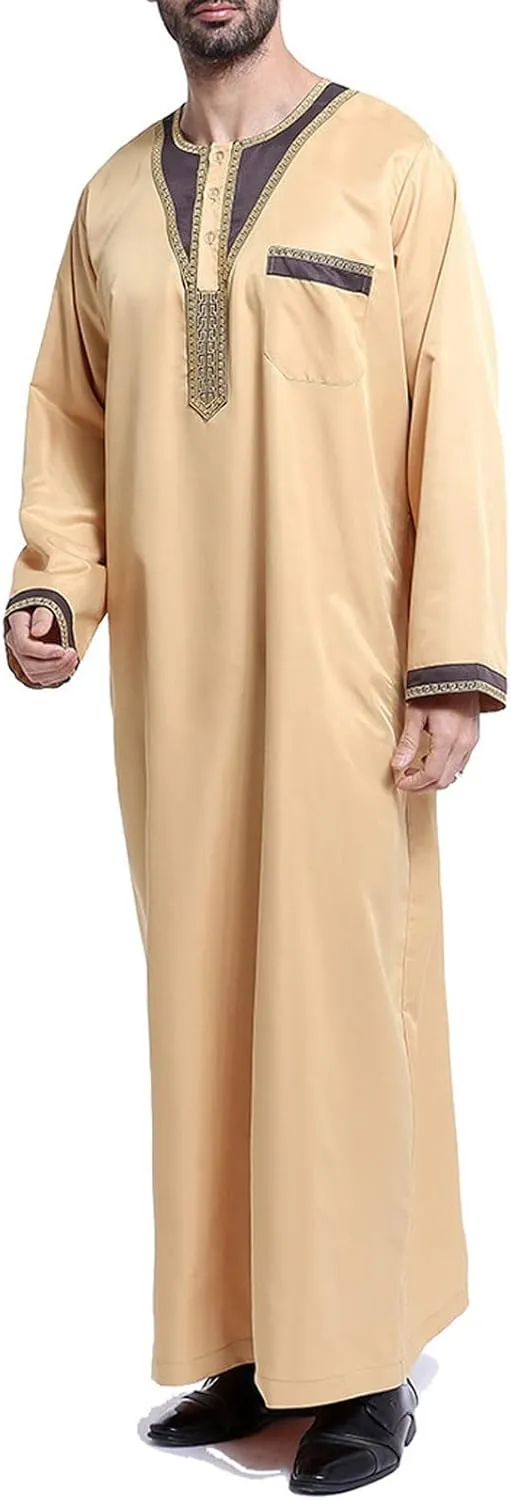Cotton Long Sleeve Muslim Robes for Men 2023 Fashion Embroidered Standing Neck Pocket Long Thobe Casual Gown