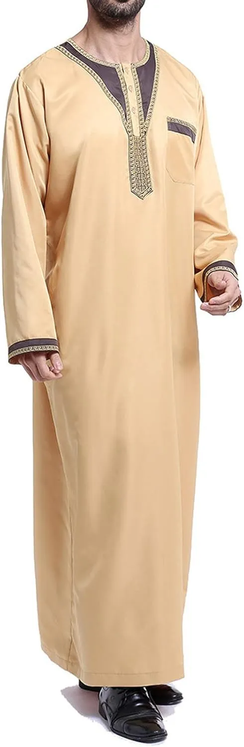 Cotton Long Sleeve Muslim Robes for Men 2023 Fashion Embroidered Standing Neck Pocket Long Thobe Casual Gown