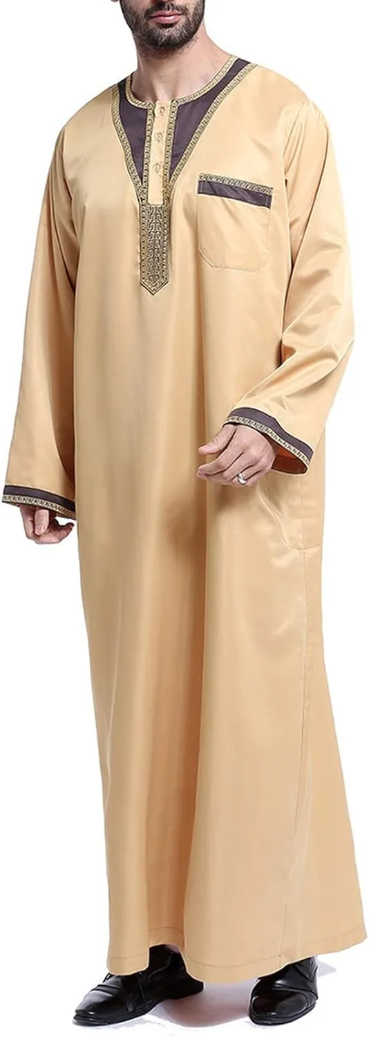 Cotton Long Sleeve Muslim Robes for Men 2023 Fashion Embroidered Standing Neck Pocket Long Thobe Casual Gown