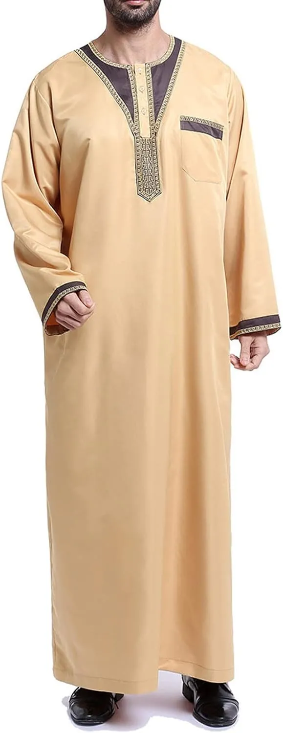 Cotton Long Sleeve Muslim Robes for Men 2023 Fashion Embroidered Standing Neck Pocket Long Thobe Casual Gown