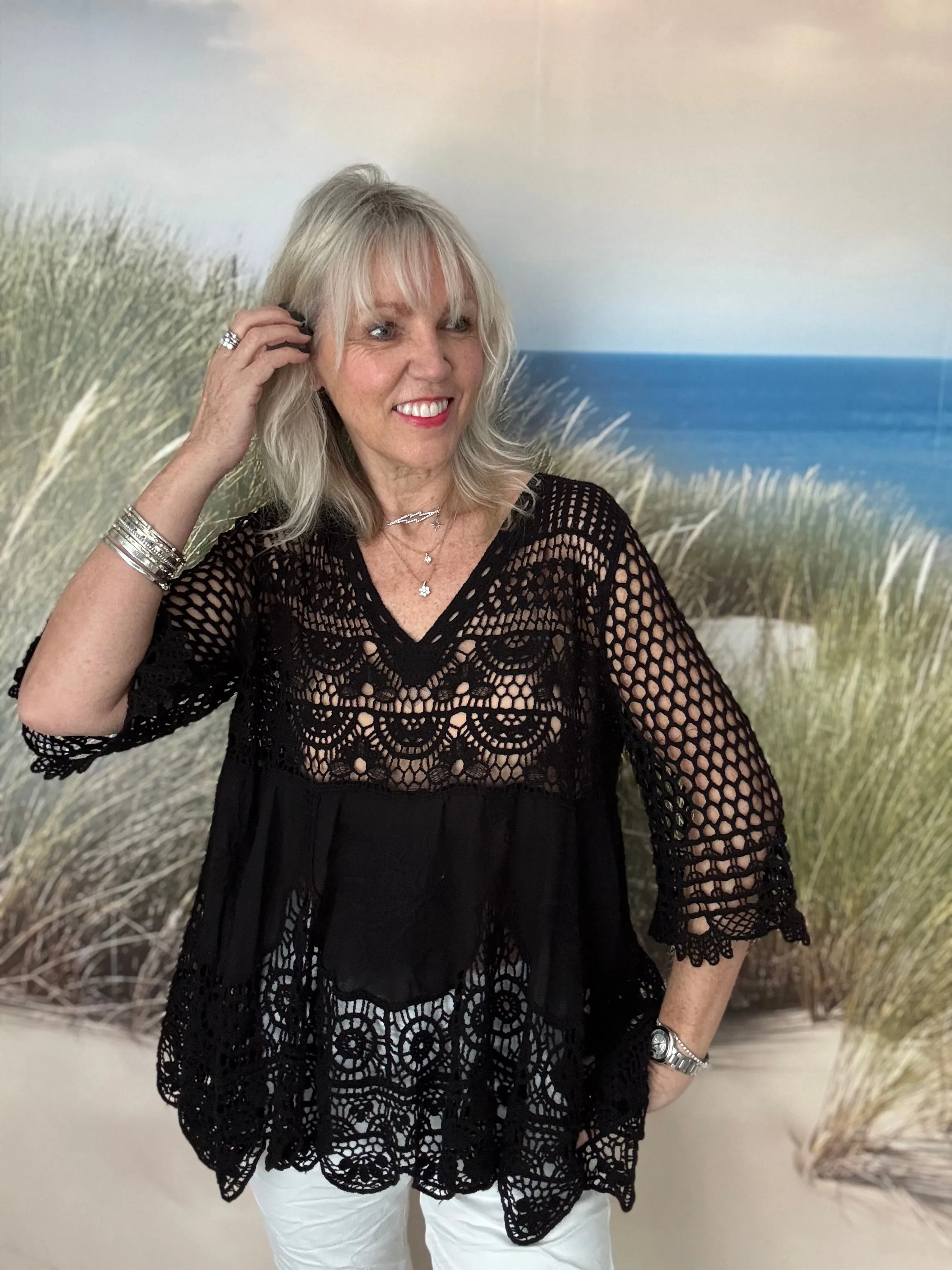 Crochet V Neck Top in Black