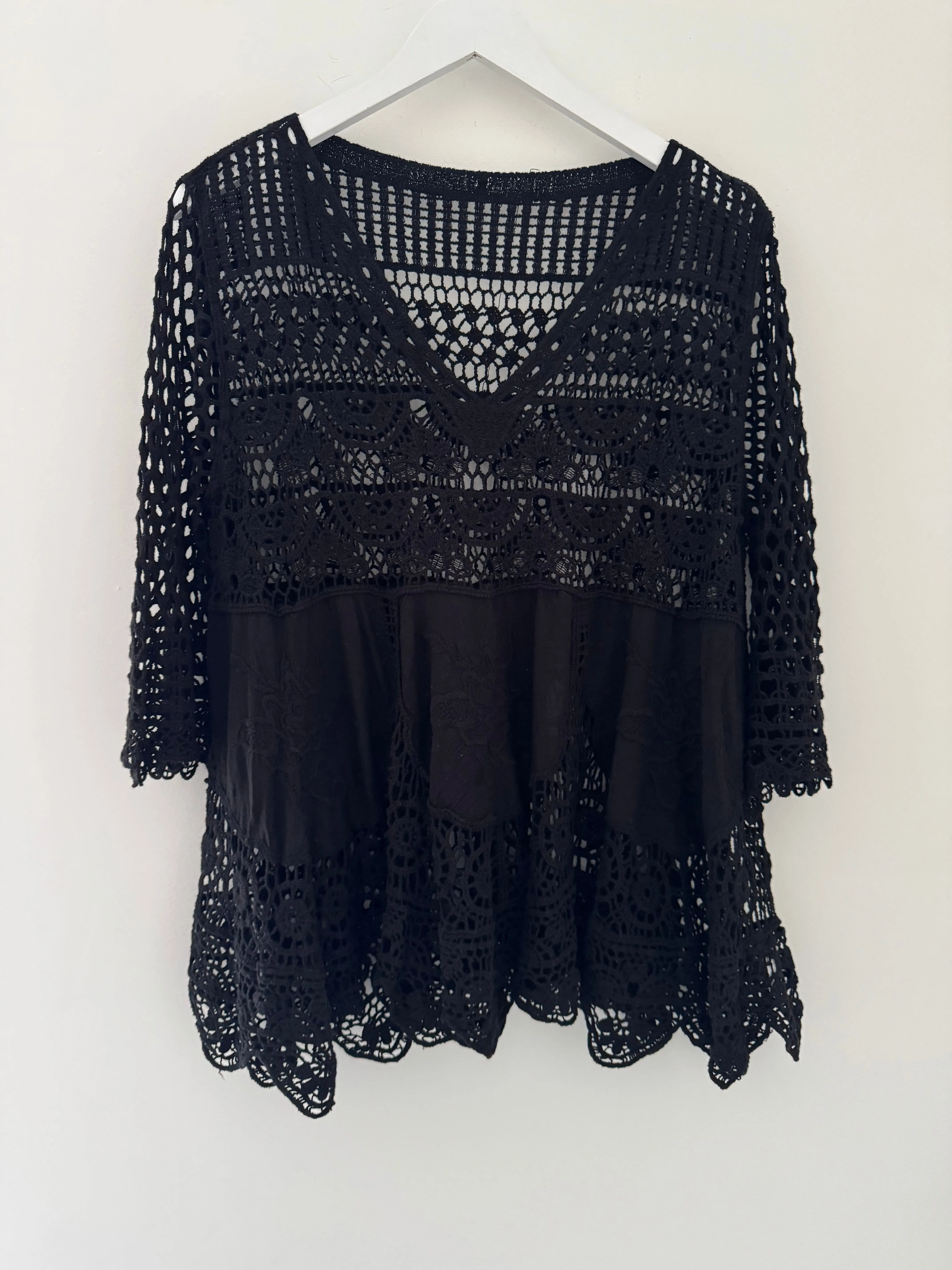 Crochet V Neck Top in Black