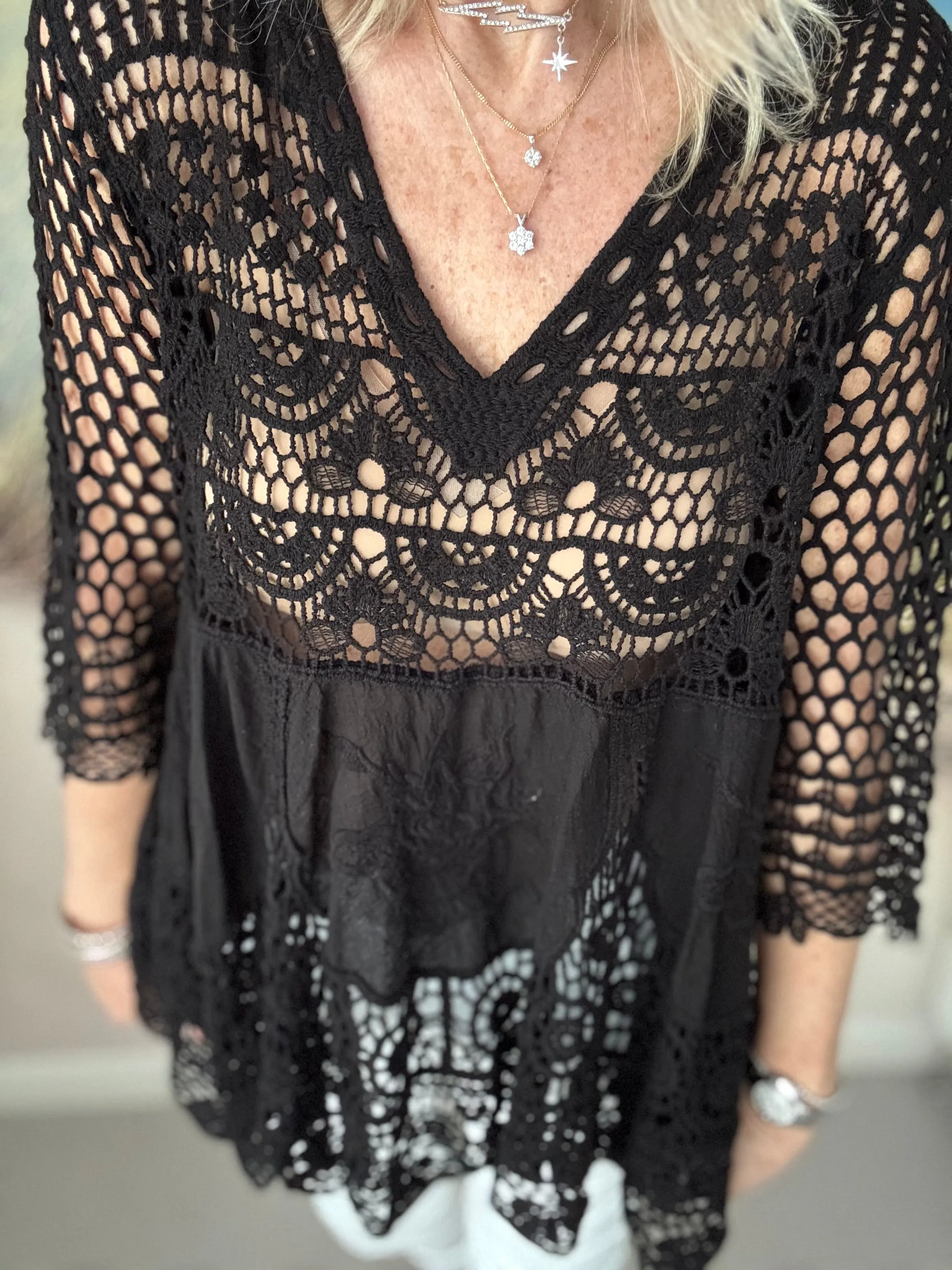 Crochet V Neck Top in Black