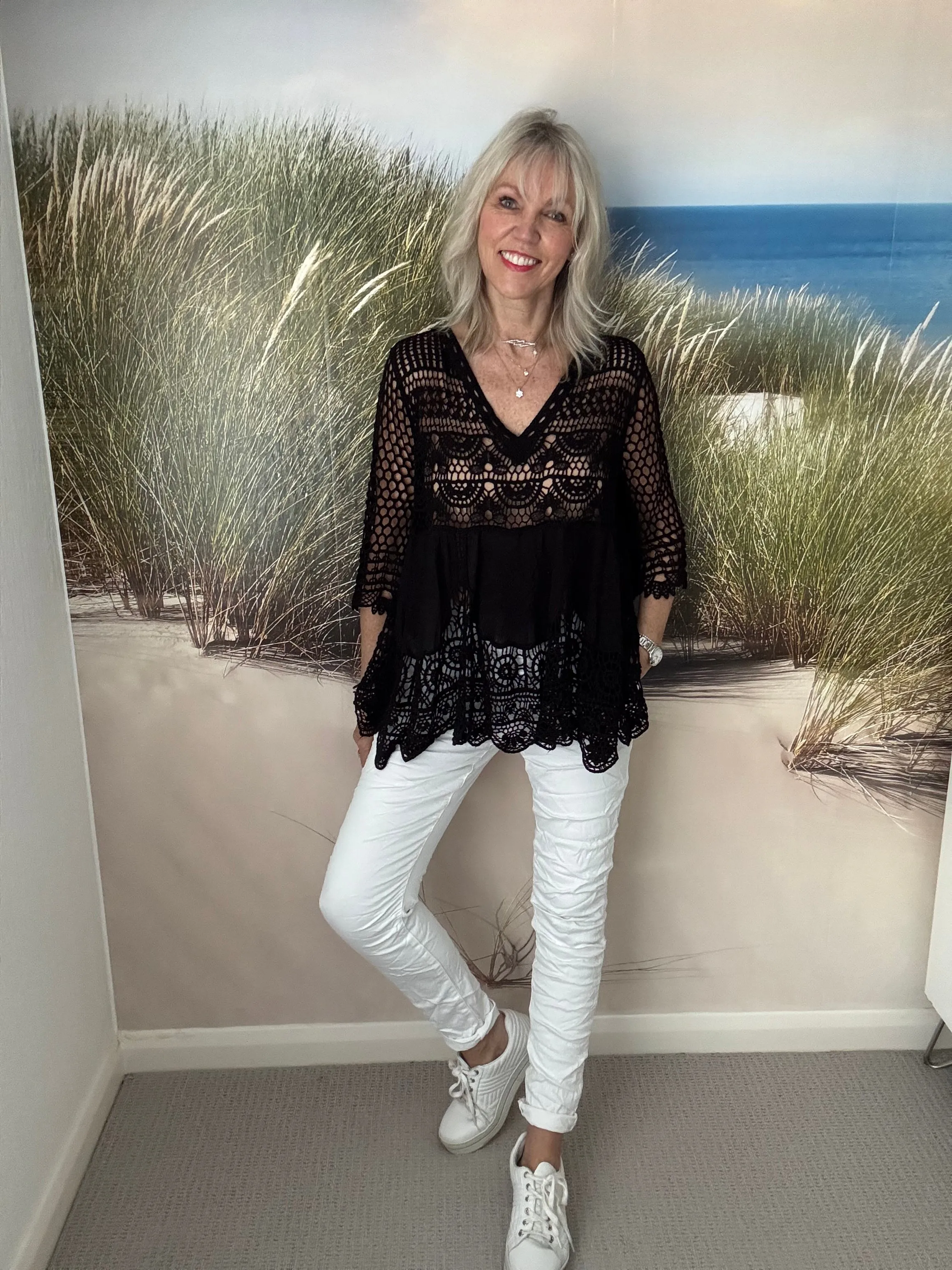 Crochet V Neck Top in Black