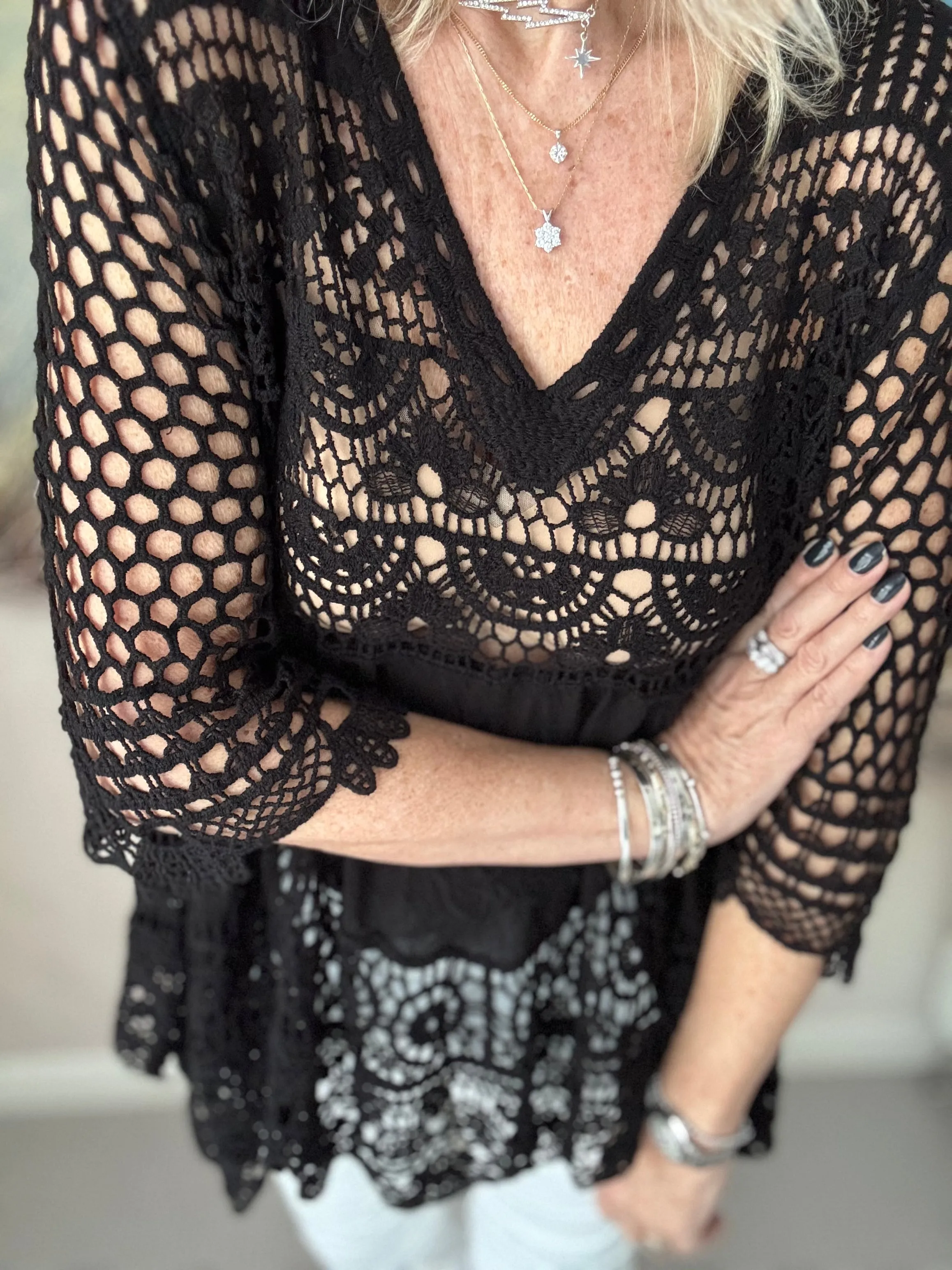 Crochet V Neck Top in Black