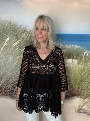Crochet V Neck Top in Black
