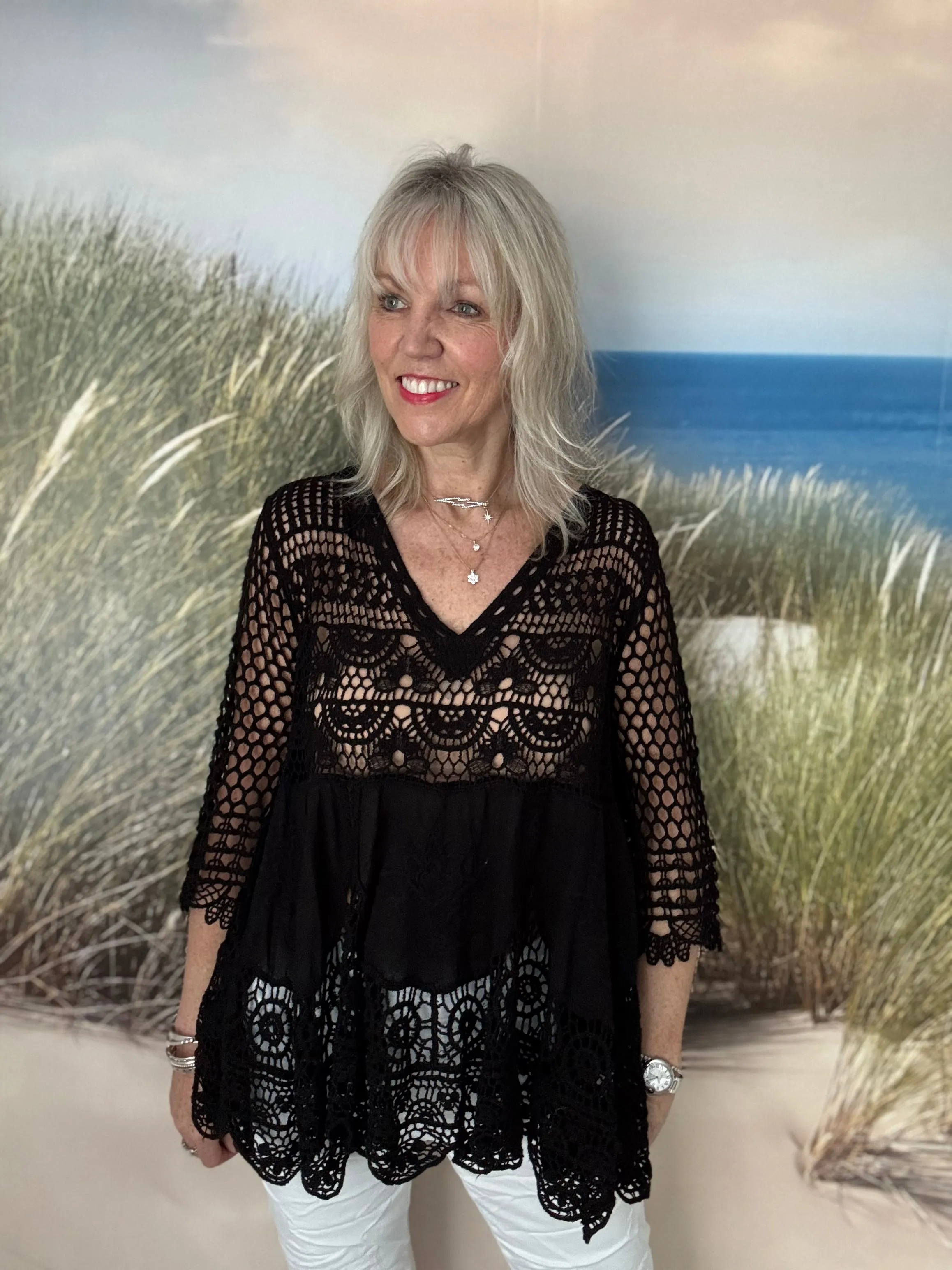 Crochet V Neck Top in Black