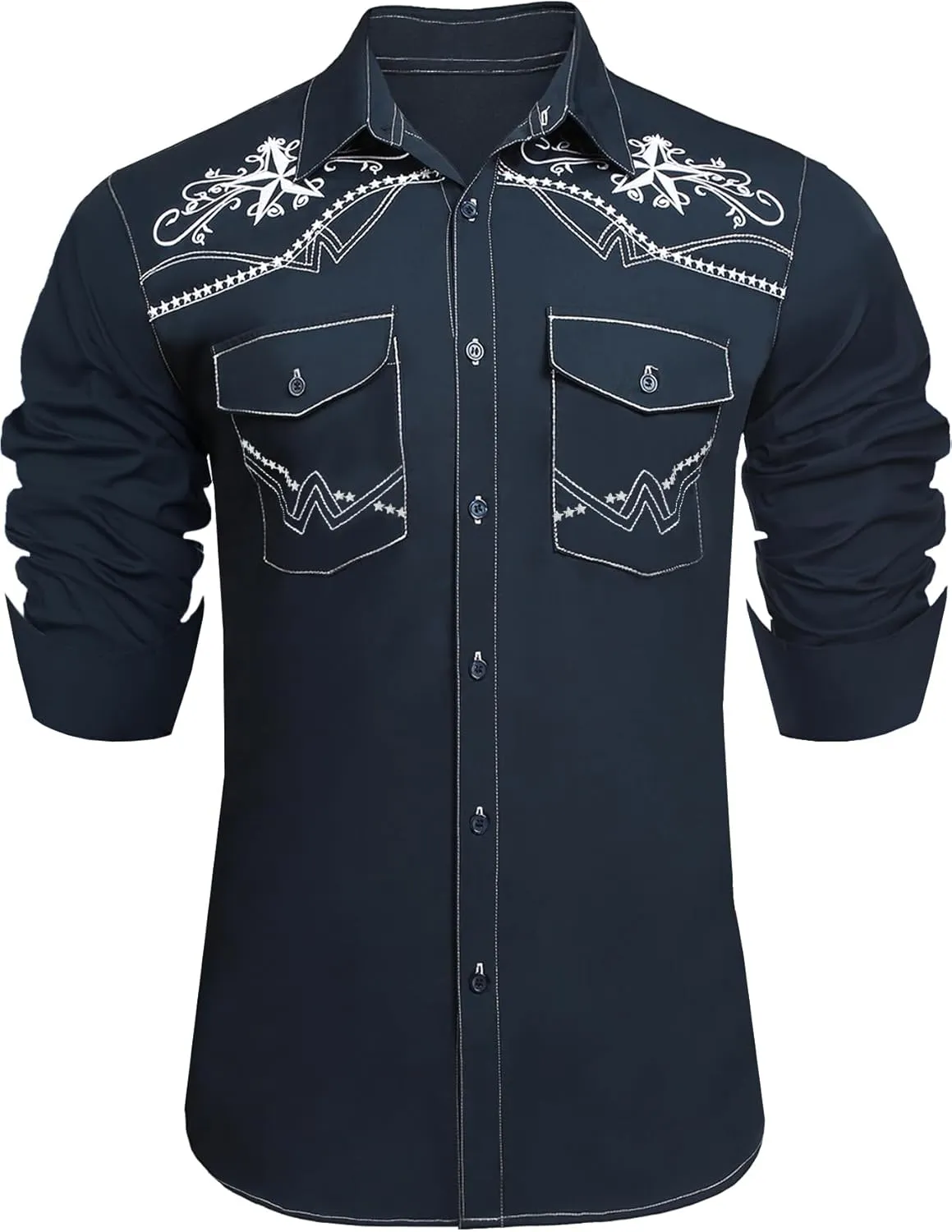 Daupanzees Men's Western Cowboy Shirts Long Sleeve Embroidered Shirts Slim Fit Casual Button Down Shirt with Pockets