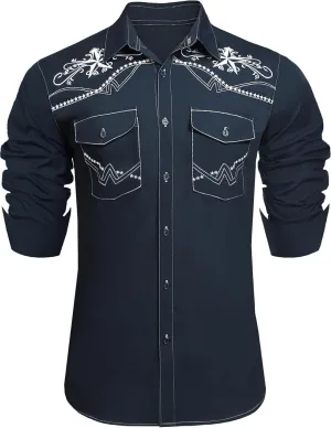 Daupanzees Men's Western Cowboy Shirts Long Sleeve Embroidered Shirts Slim Fit Casual Button Down Shirt with Pockets