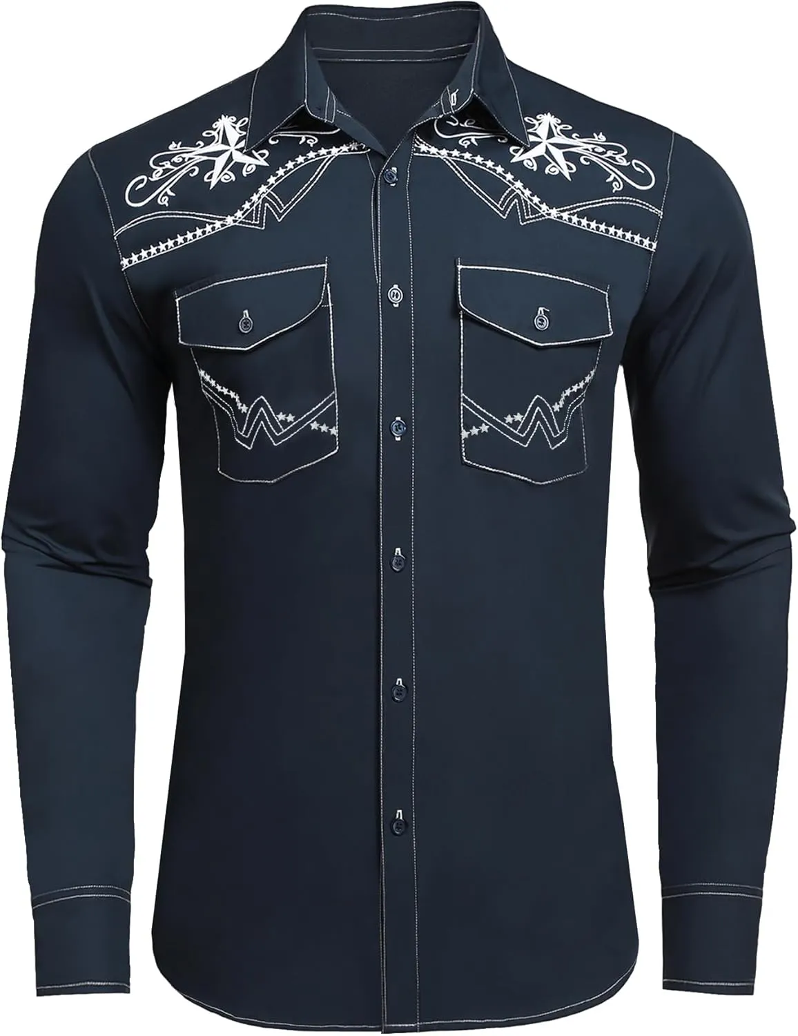 Daupanzees Men's Western Cowboy Shirts Long Sleeve Embroidered Shirts Slim Fit Casual Button Down Shirt with Pockets