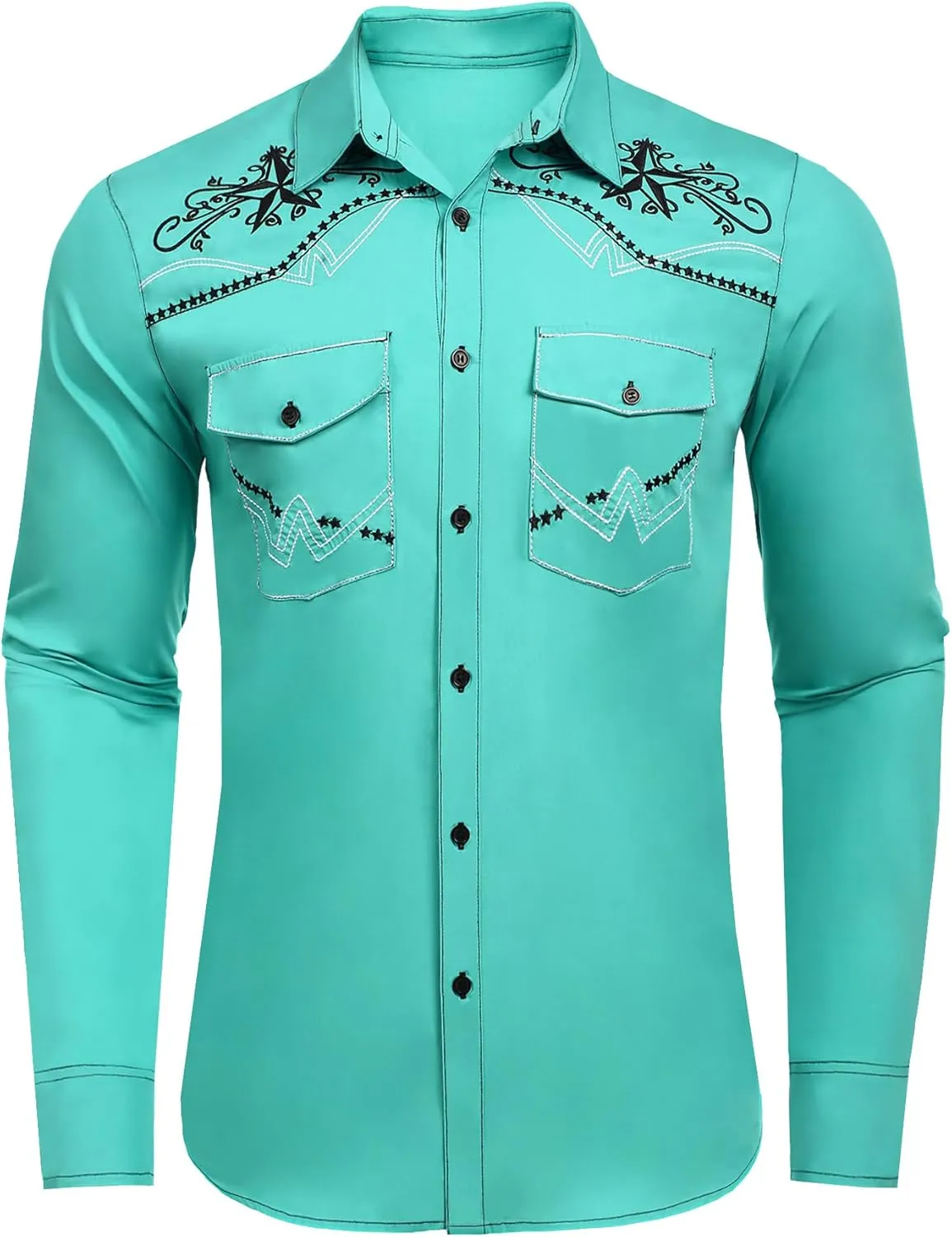 Daupanzees Men's Western Cowboy Shirts Long Sleeve Embroidered Shirts Slim Fit Casual Button Down Shirt with Pockets