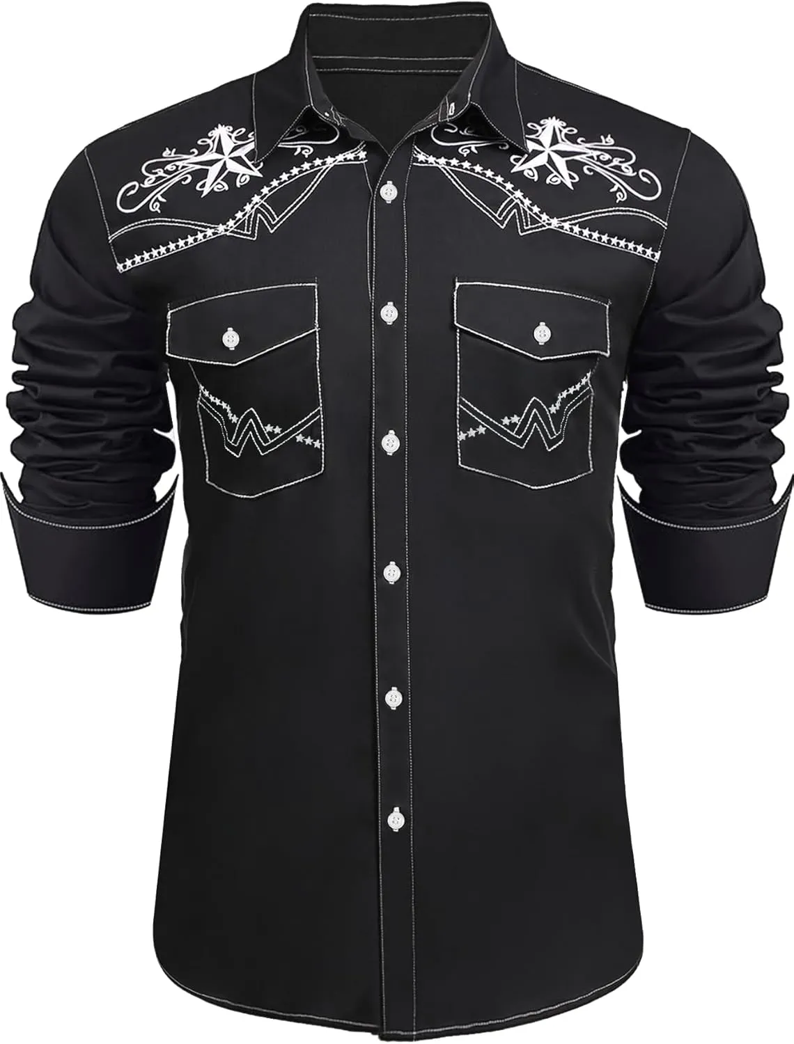 Daupanzees Men's Western Cowboy Shirts Long Sleeve Embroidered Shirts Slim Fit Casual Button Down Shirt with Pockets