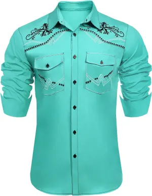 Daupanzees Men's Western Cowboy Shirts Long Sleeve Embroidered Shirts Slim Fit Casual Button Down Shirt with Pockets