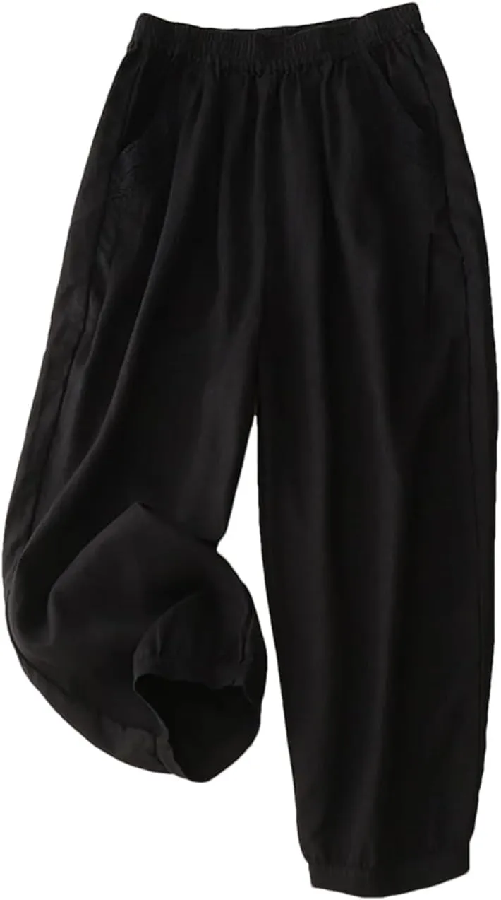 Dndrdhfb Women's Solid Color Wide Leg Pants Casual Cotton Linen High Waist Harem Pants