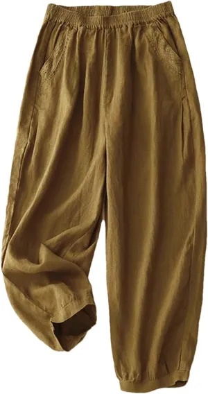 Dndrdhfb Women's Solid Color Wide Leg Pants Casual Cotton Linen High Waist Harem Pants