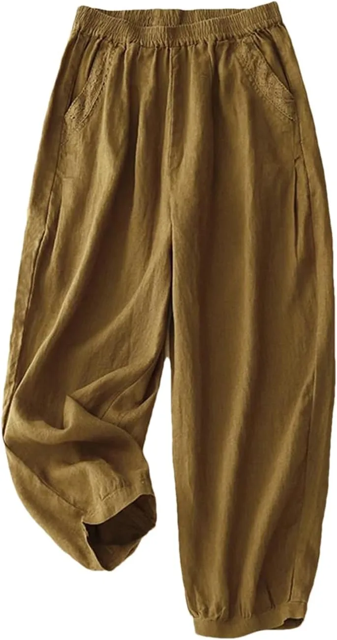 Dndrdhfb Women's Solid Color Wide Leg Pants Casual Cotton Linen High Waist Harem Pants