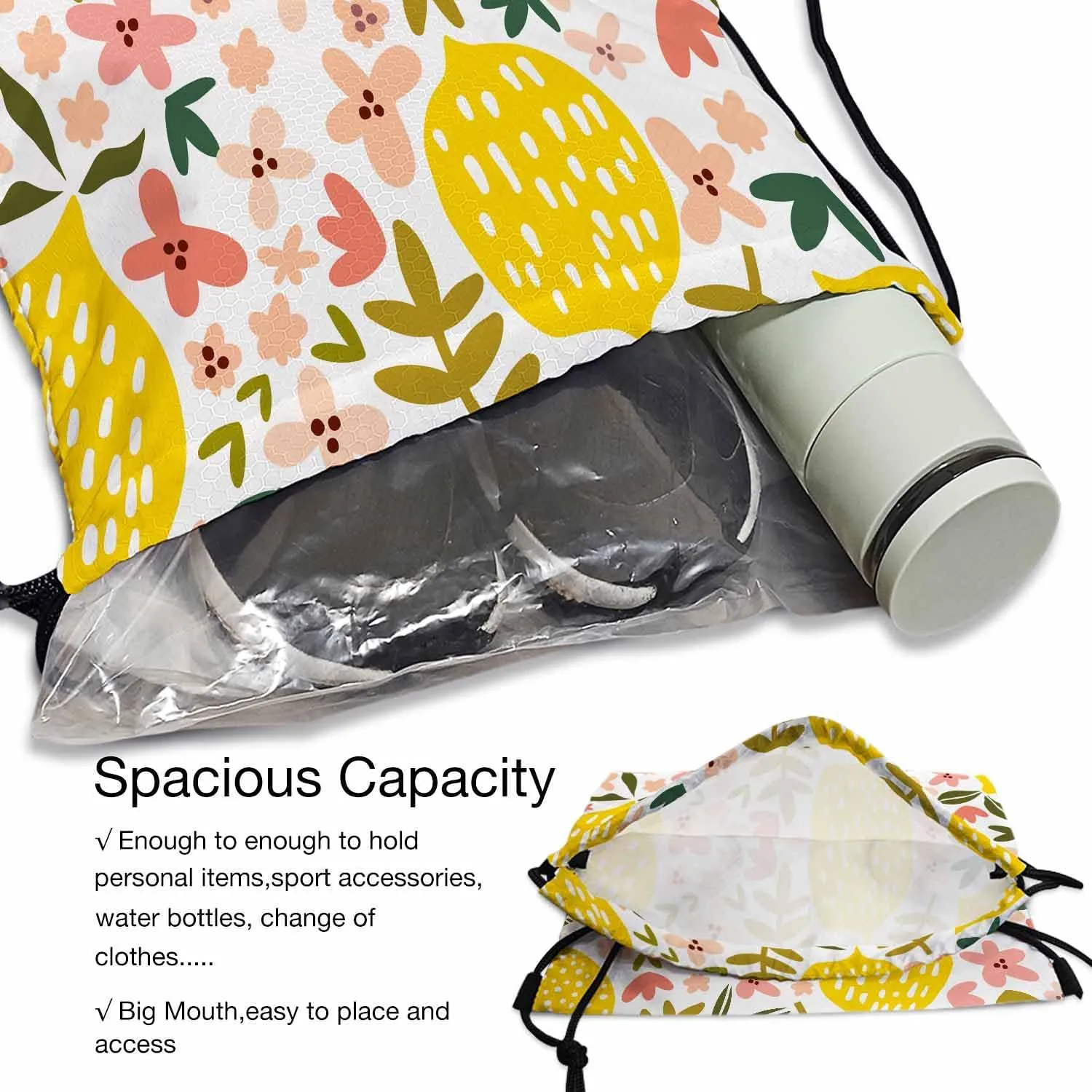Drawstring Backpack Fresh Lemon Lightweight Gym Backpack Yellow Fruits Green Leaf Red Flower White Background for Women Men 14x16.9 Inch