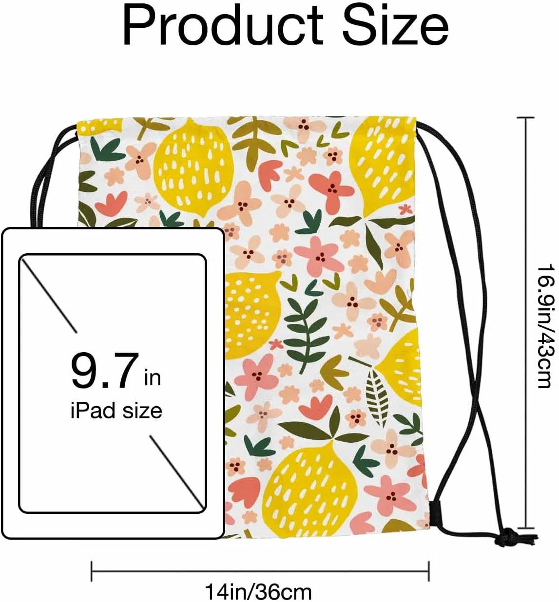 Drawstring Backpack Fresh Lemon Lightweight Gym Backpack Yellow Fruits Green Leaf Red Flower White Background for Women Men 14x16.9 Inch