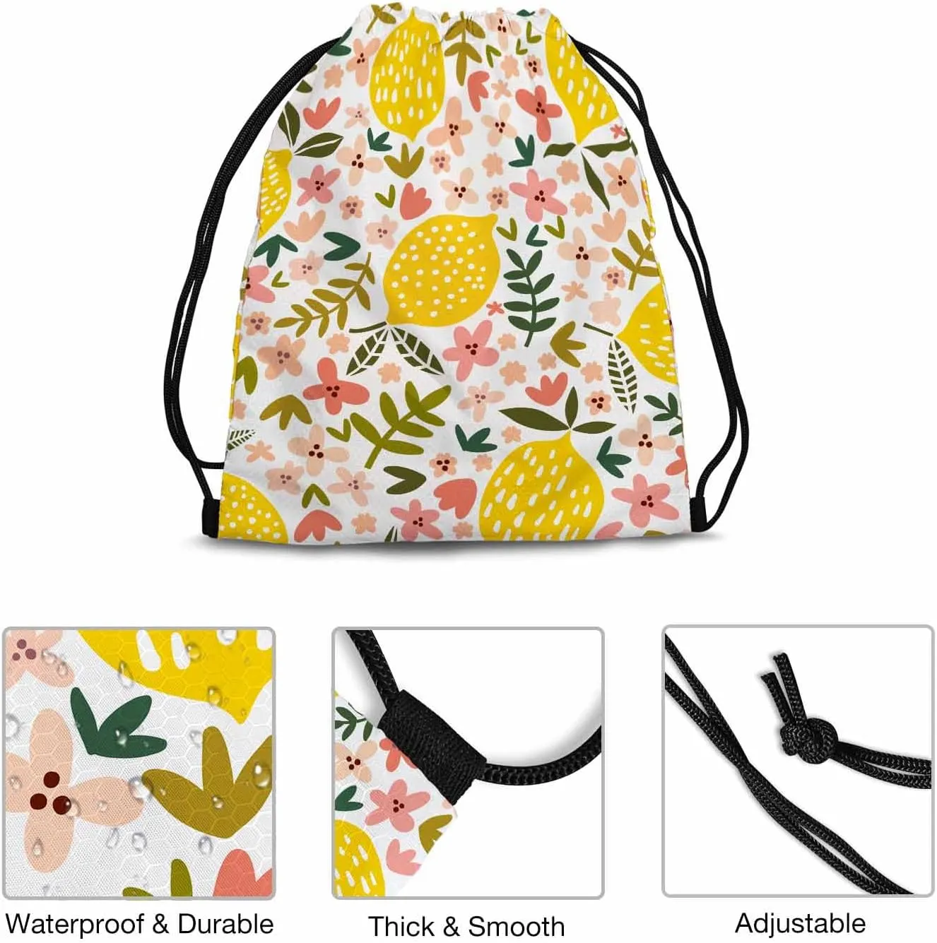 Drawstring Backpack Fresh Lemon Lightweight Gym Backpack Yellow Fruits Green Leaf Red Flower White Background for Women Men 14x16.9 Inch