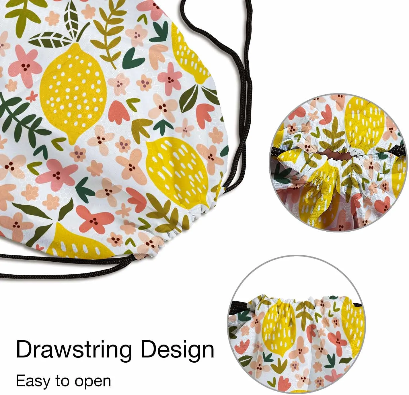 Drawstring Backpack Fresh Lemon Lightweight Gym Backpack Yellow Fruits Green Leaf Red Flower White Background for Women Men 14x16.9 Inch