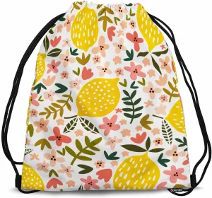Drawstring Backpack Fresh Lemon Lightweight Gym Backpack Yellow Fruits Green Leaf Red Flower White Background for Women Men 14x16.9 Inch
