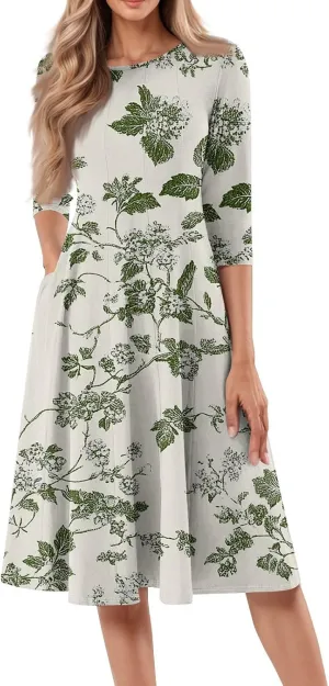 Dress for Women 3/4 Sleeve Spring Wrap Dress Empire Waist Floral Fitted Dress Summer Cute Flowy Dresses with Pocket
