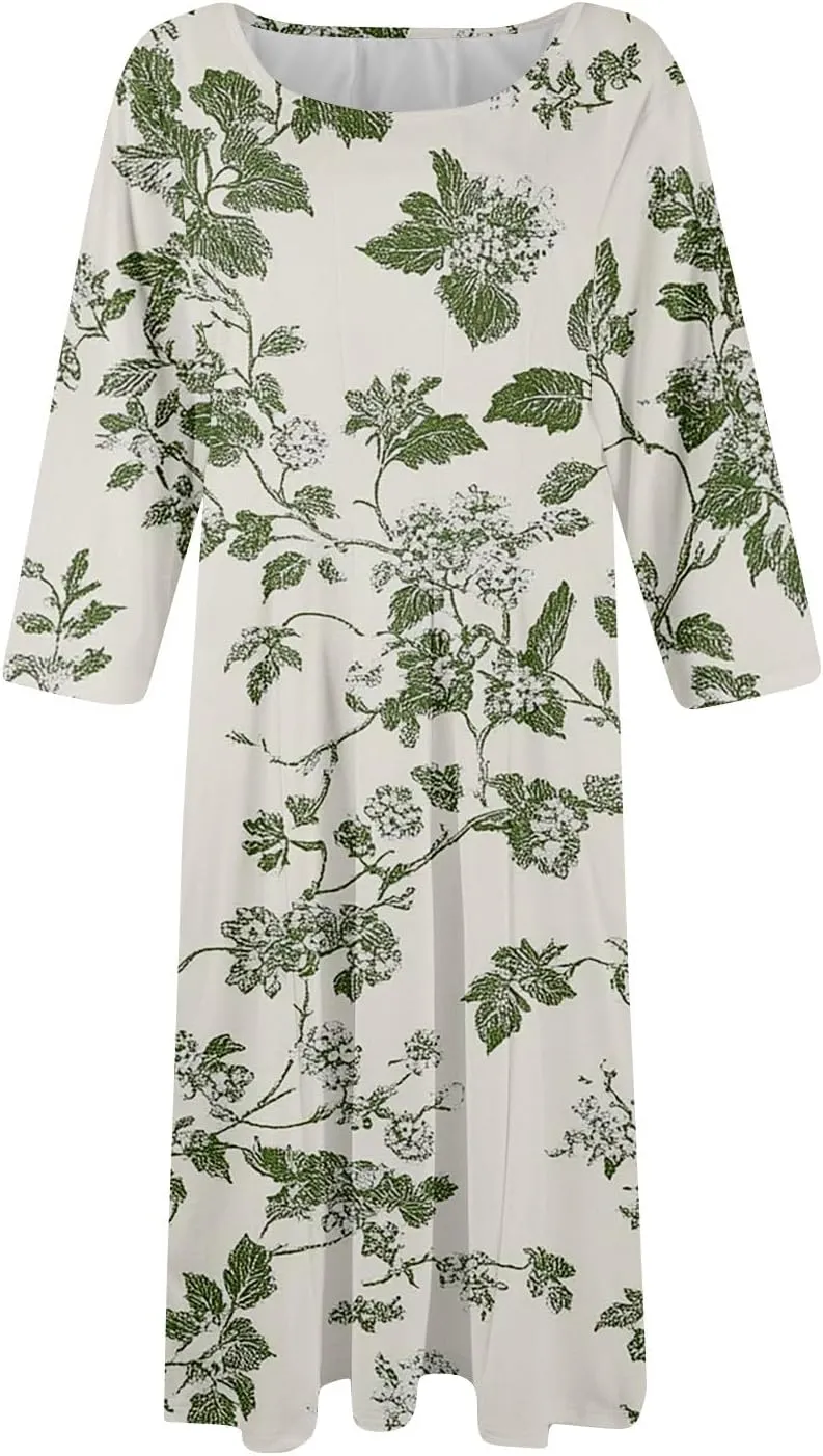 Dress for Women 3/4 Sleeve Spring Wrap Dress Empire Waist Floral Fitted Dress Summer Cute Flowy Dresses with Pocket