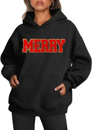 Earlymemb Women's Merry Christmas Oversized Hoodies Fleece Sweatshirts Funny Chenille Patch Xmas Holiday Pullover with Pocket