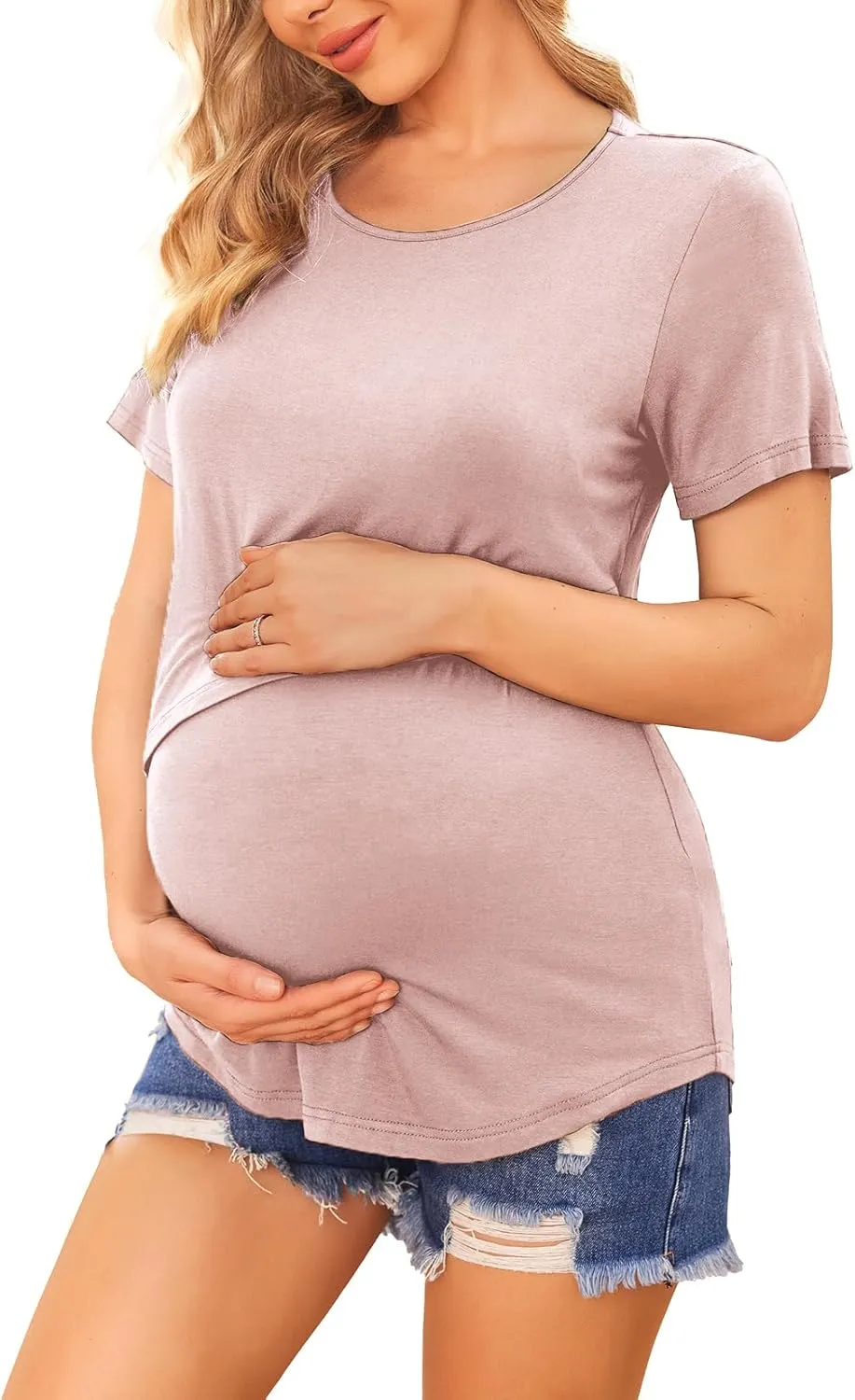 Ekouaer Women's Maternity Shirts Short Sleeves Nursing Tops 3 Pack Double Laye Breastfeeding Tees Pregnancy Clothes S-XXL