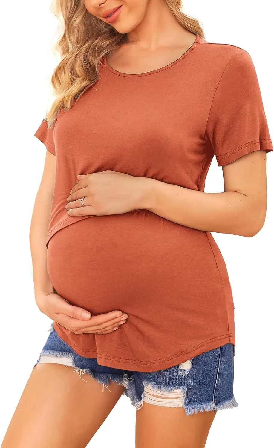 Ekouaer Women's Maternity Shirts Short Sleeves Nursing Tops 3 Pack Double Laye Breastfeeding Tees Pregnancy Clothes S-XXL