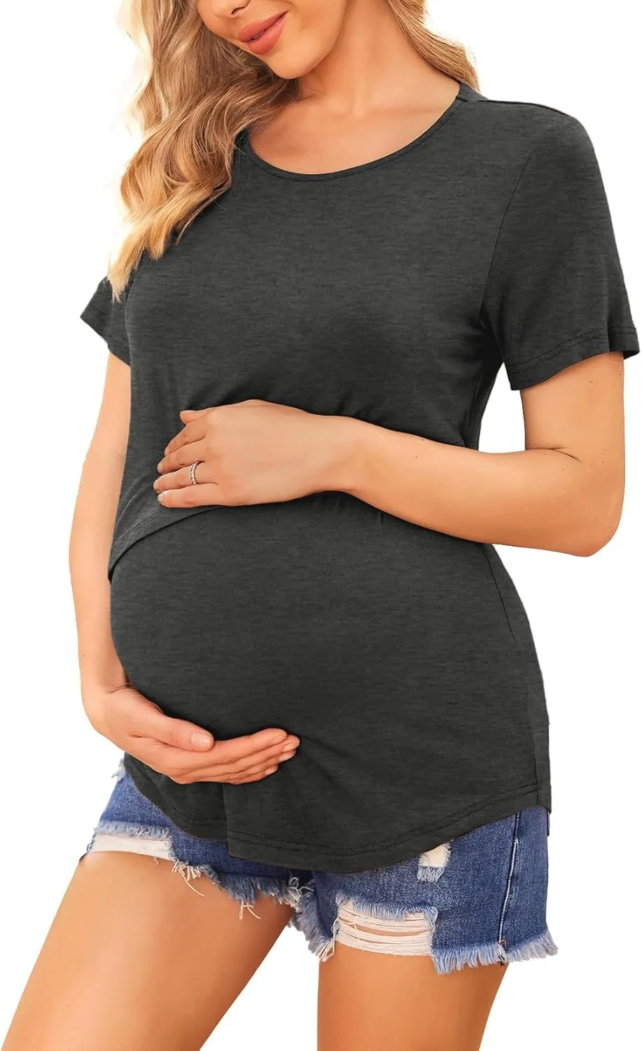 Ekouaer Women's Maternity Shirts Short Sleeves Nursing Tops 3 Pack Double Laye Breastfeeding Tees Pregnancy Clothes S-XXL
