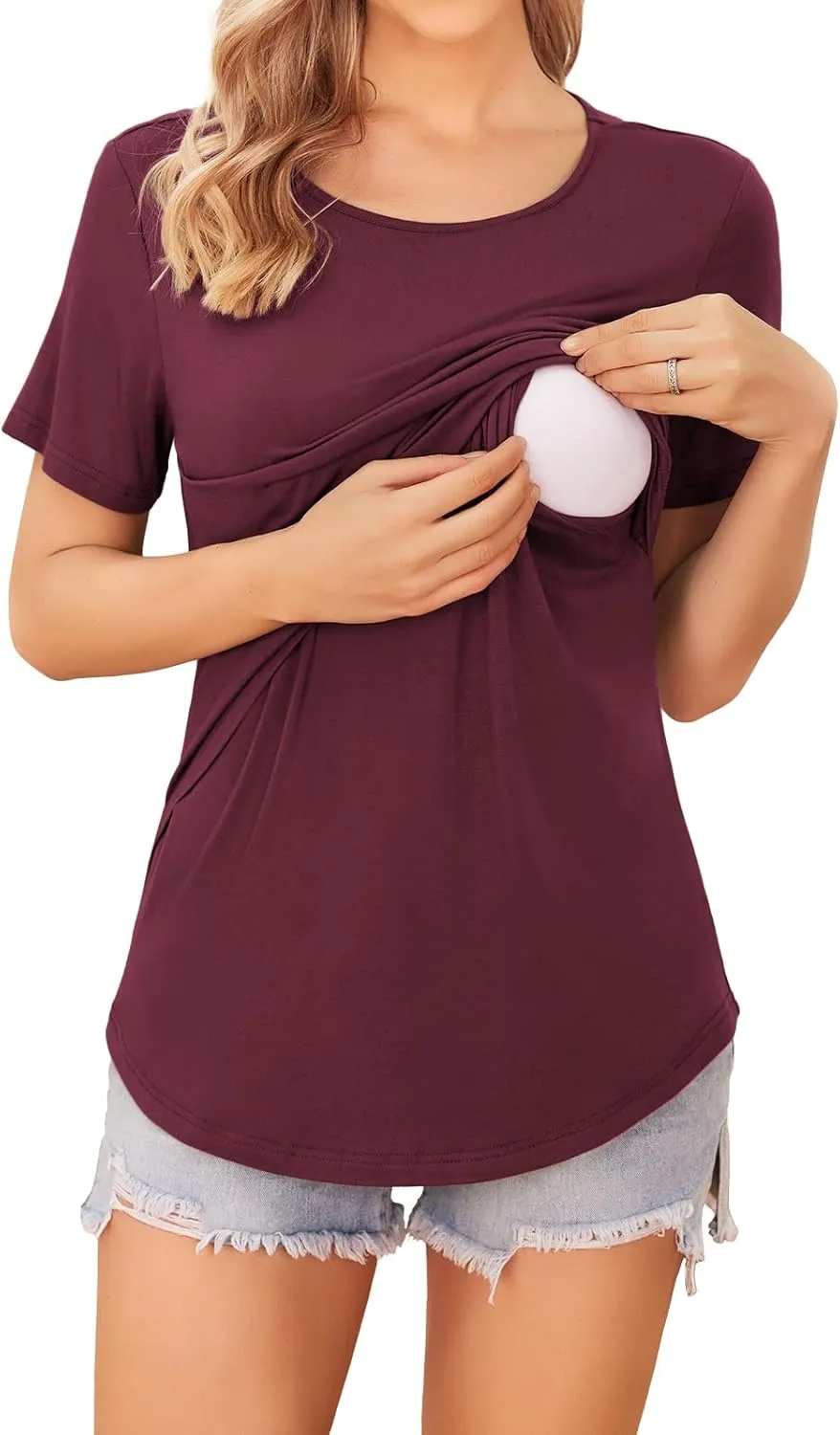 Ekouaer Women's Maternity Shirts Short Sleeves Nursing Tops 3 Pack Double Laye Breastfeeding Tees Pregnancy Clothes S-XXL
