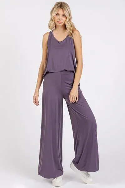Elastic Waist Wide Leg Pants in Faded Plum